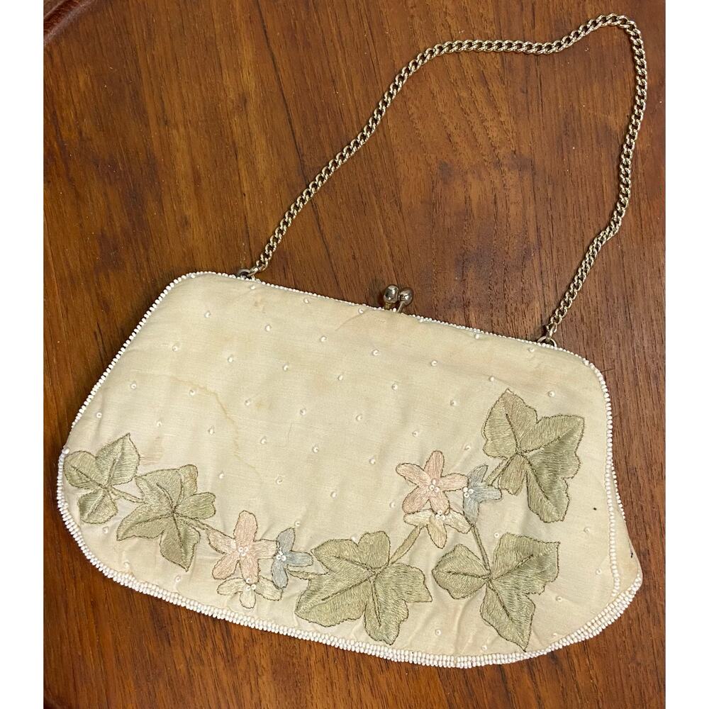 Vintage Embroidered Clutch Purse with Seed Beads Made in Japan READ